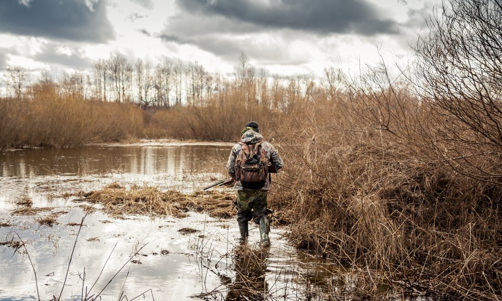 A person in camouflage gear with a backpack walks through shallow marsh water near dry reeds under a cloudy sky.